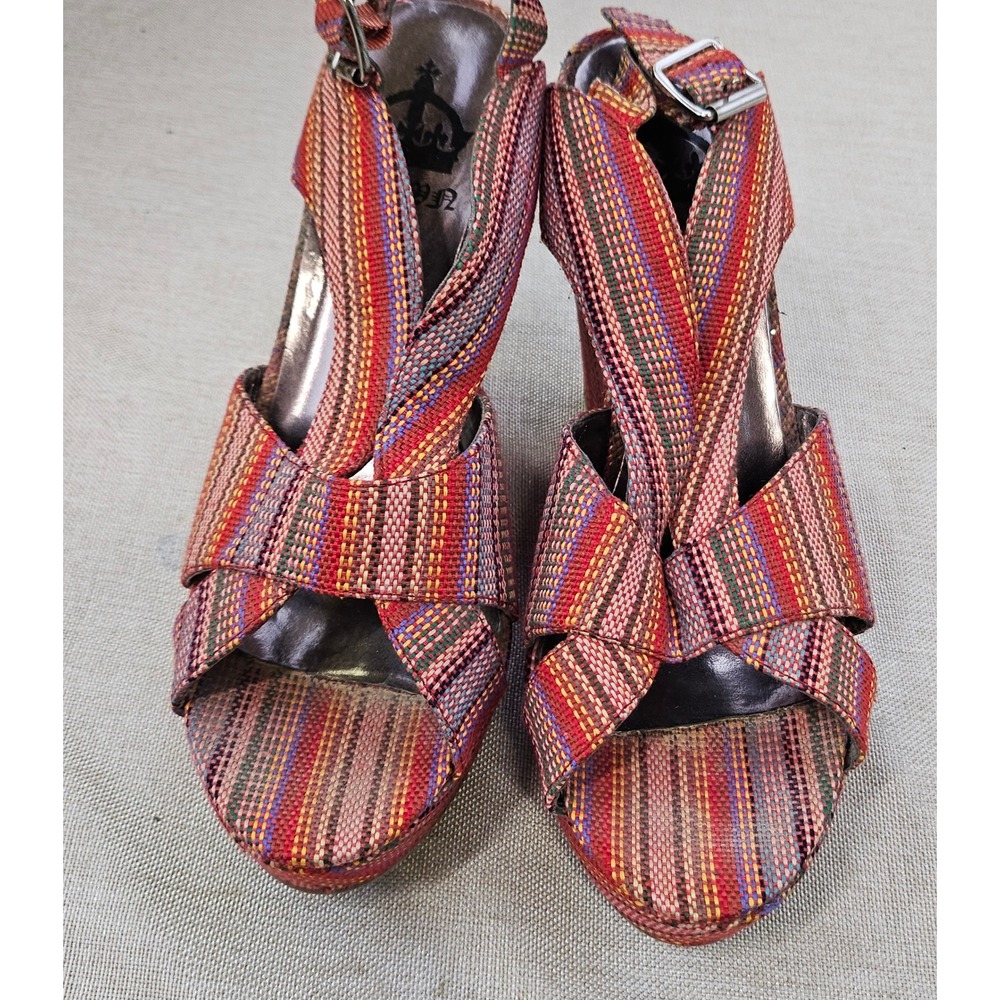 Crown Vintage Wedge Sandals Womens 10 Multicolor Striped Boho Platform Strappy